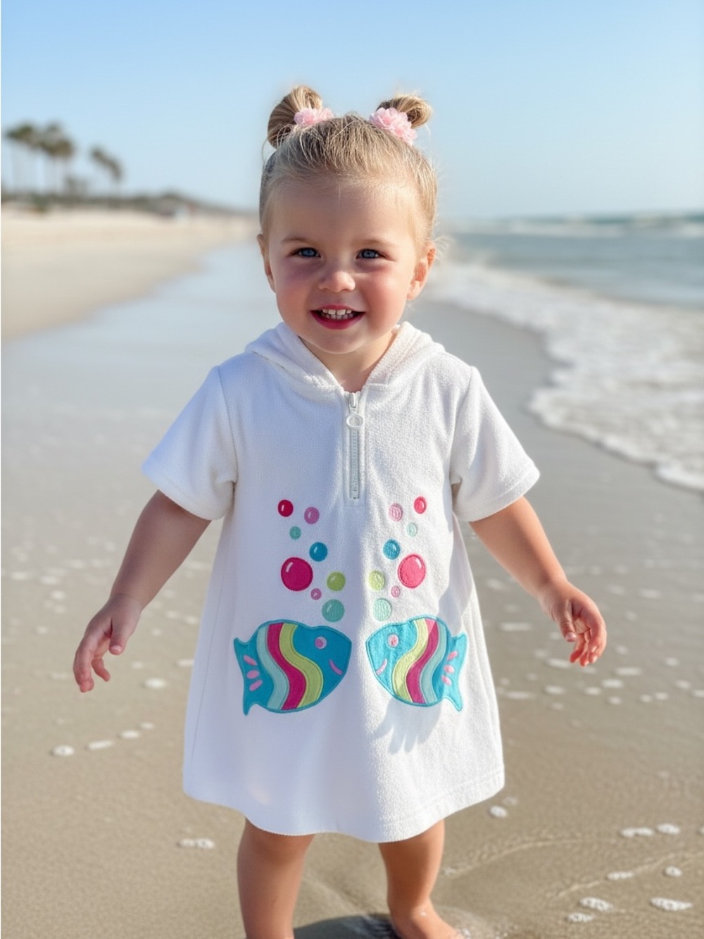 Starting Out White Hooded Toddler Swim Coverup with Colorful Fish